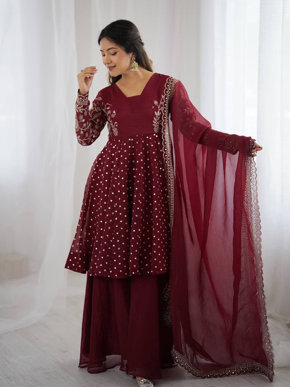 Prazu Fashion Maroon Crunchy Silk Embroidered Designer Sharara Suit