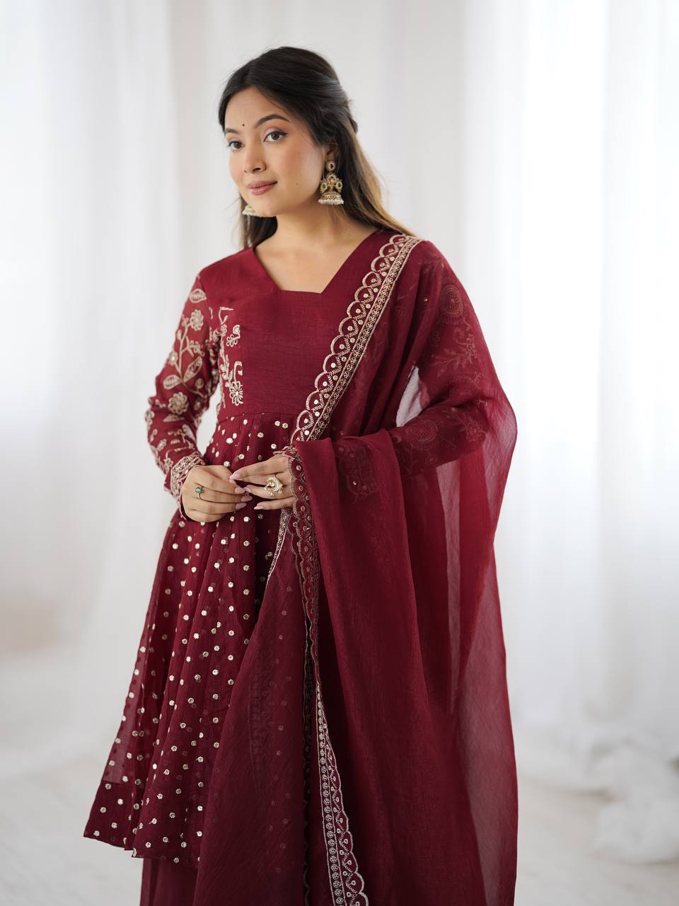 Prazu Fashion Maroon Crunchy Silk Embroidered Designer Sharara Suit