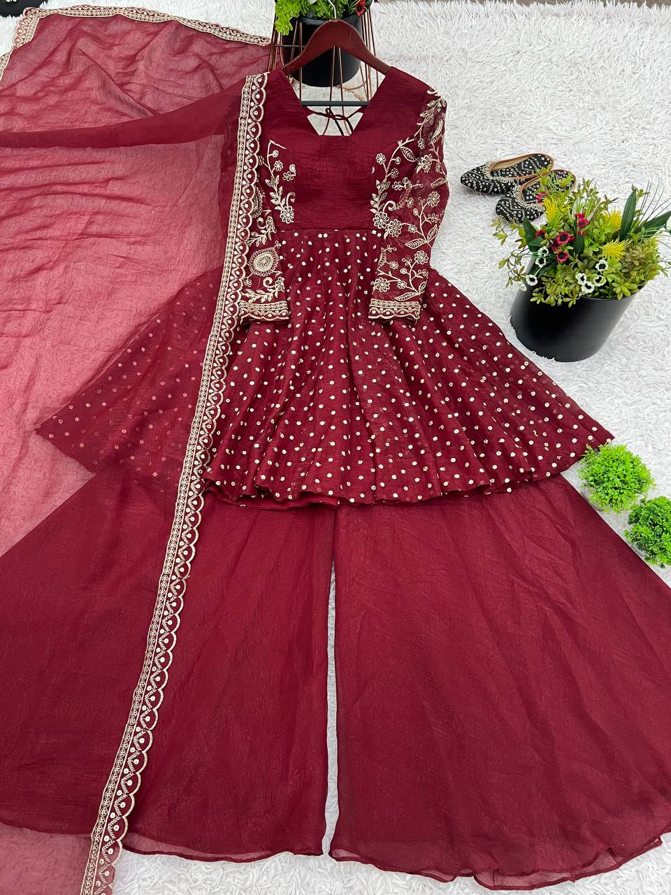 Prazu Fashion Maroon Crunchy Silk Embroidered Designer Sharara Suit