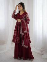 Thumbnail for Prazu Fashion Maroon Crunchy Silk Embroidered Designer Sharara Suit