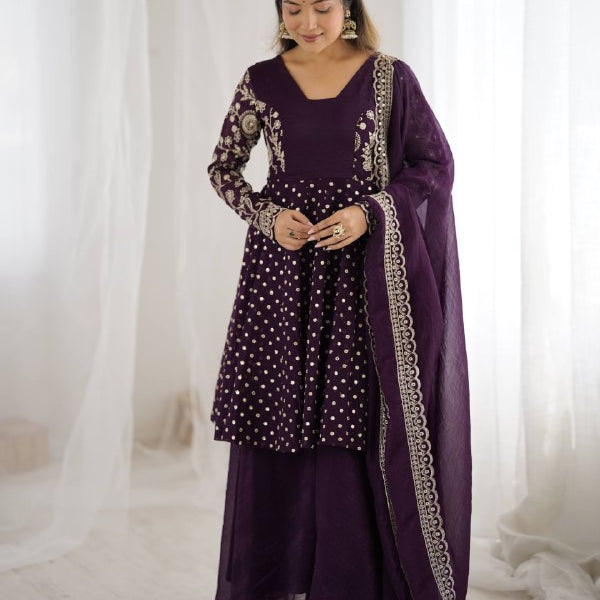 Prazu Fashion Purple Crunchy Silk Embroidered Designer Sharara Suit