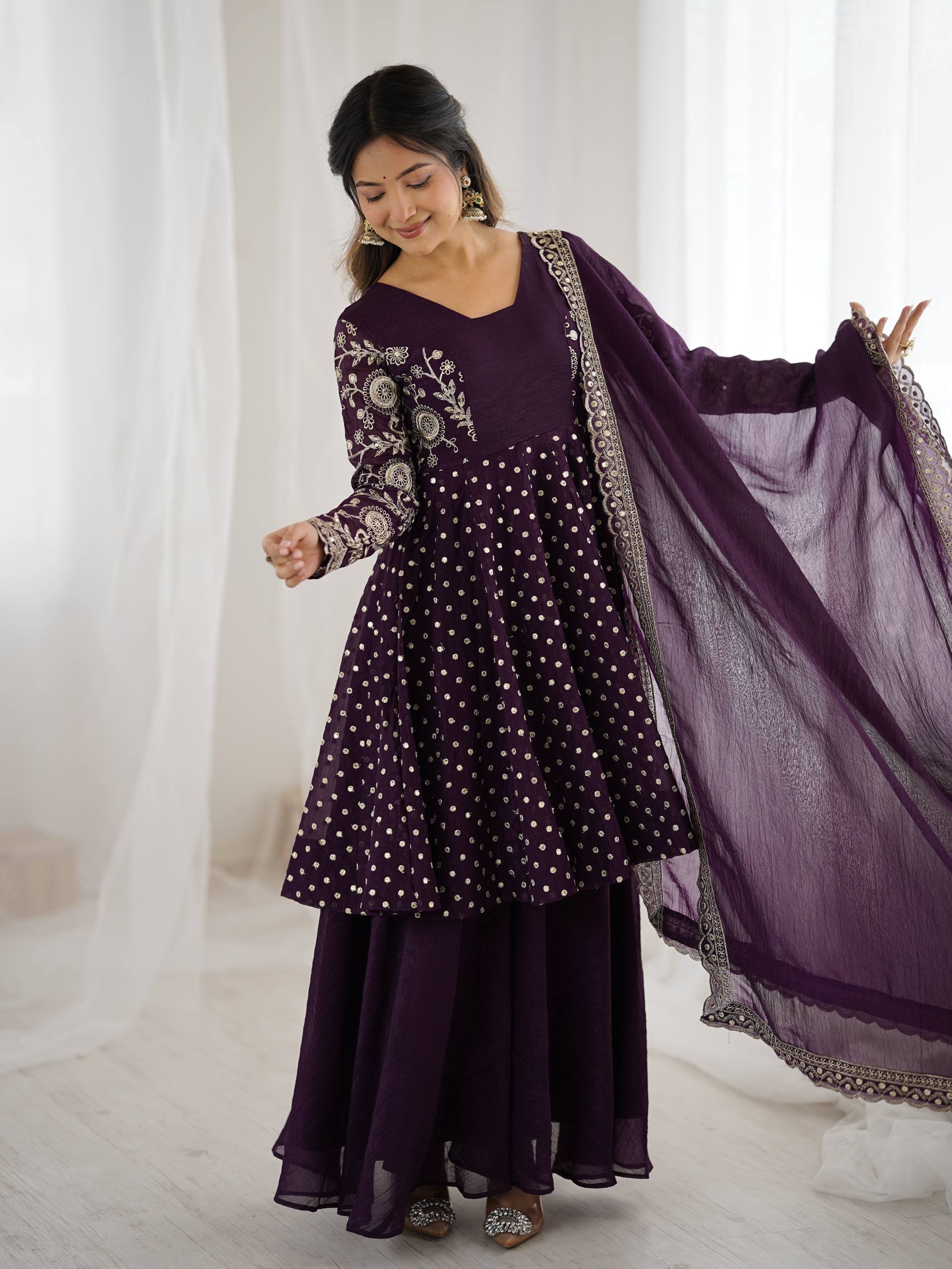 Prazu Fashion Purple Crunchy Silk Embroidered Designer Sharara Suit