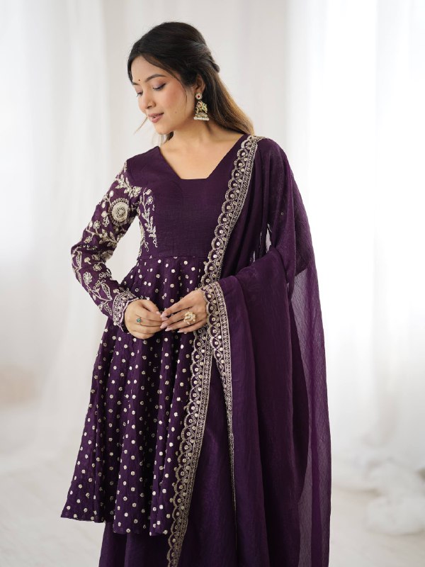 Prazu Fashion Purple Crunchy Silk Embroidered Designer Sharara Suit