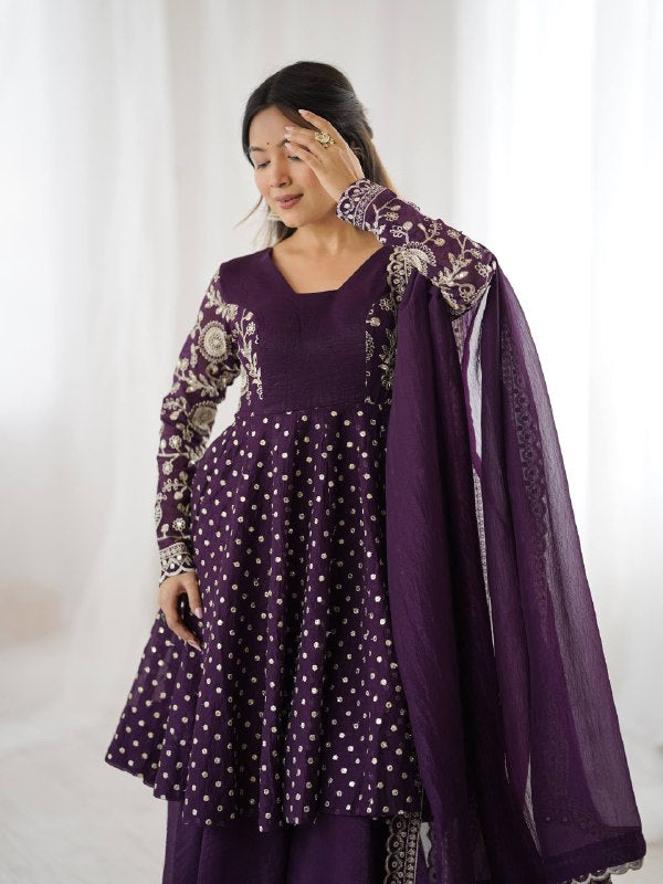 Prazu Fashion Purple Crunchy Silk Embroidered Designer Sharara Suit