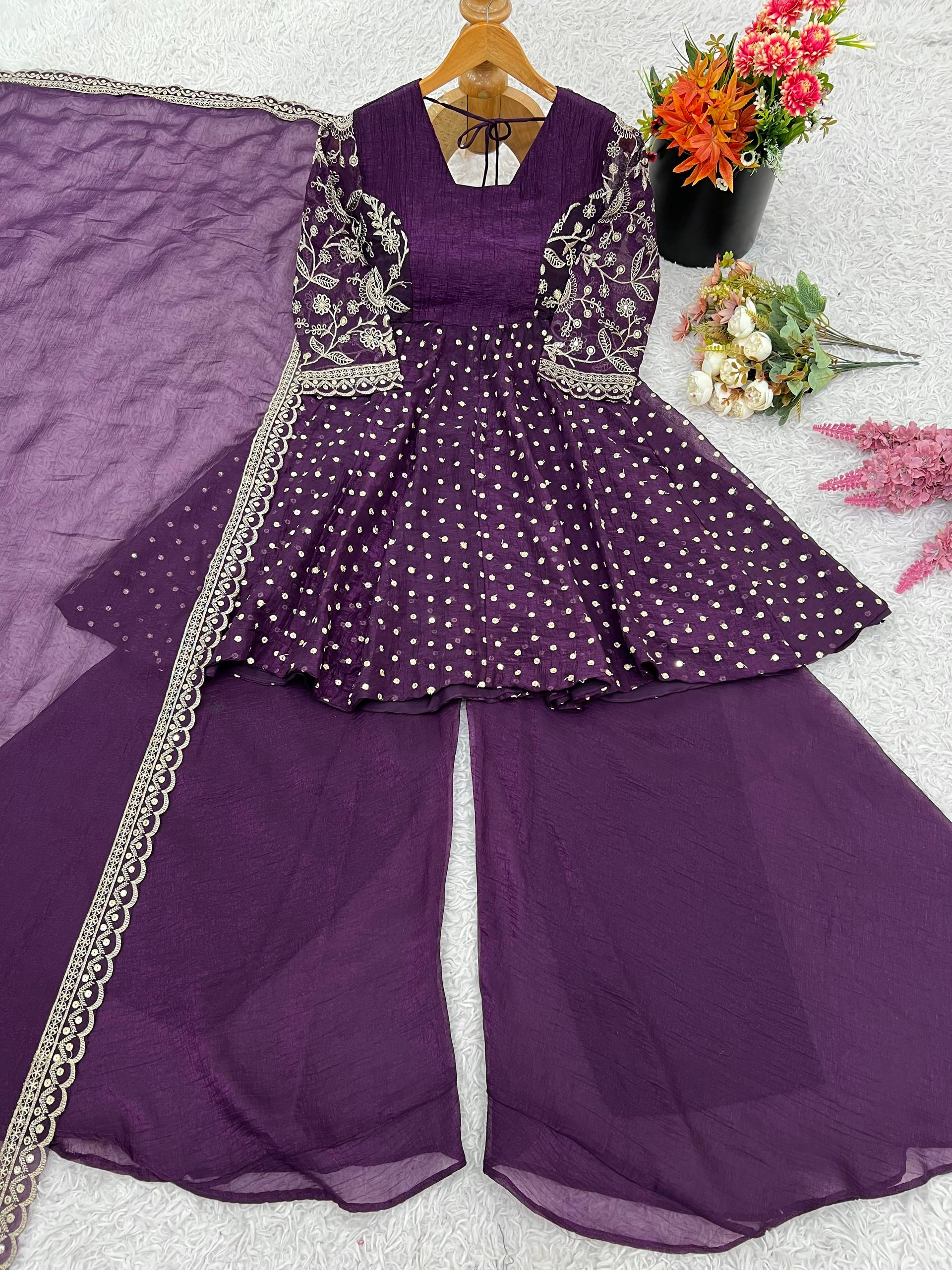 Prazu Fashion Purple Crunchy Silk Embroidered Designer Sharara Suit
