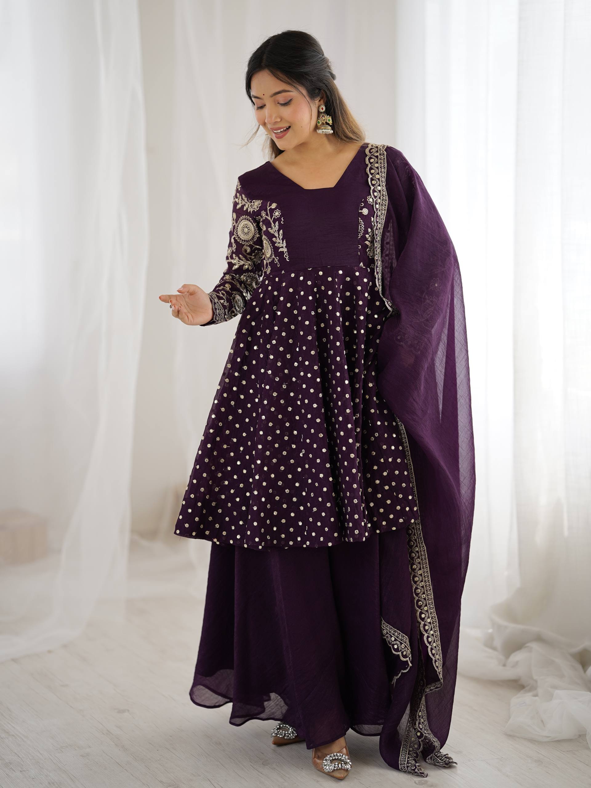 Prazu Fashion Purple Crunchy Silk Embroidered Designer Sharara Suit - Distacart