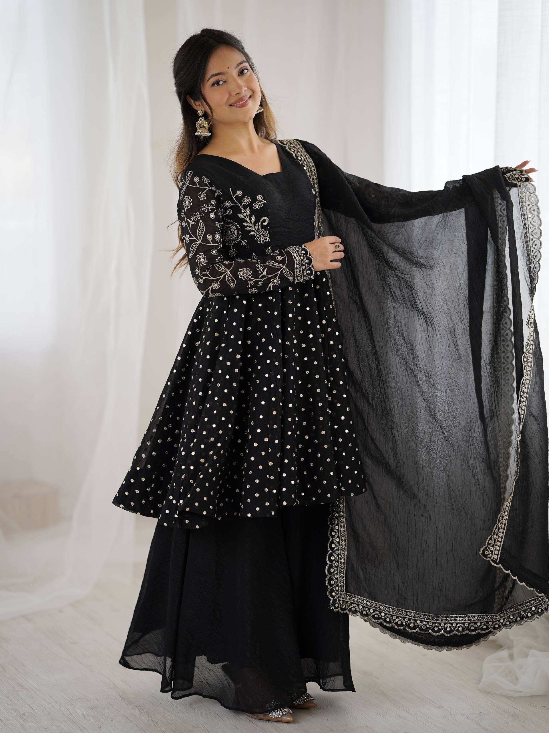 Prazu Fashion Black Crunchy Silk Embroidered Designer Sharara Suit