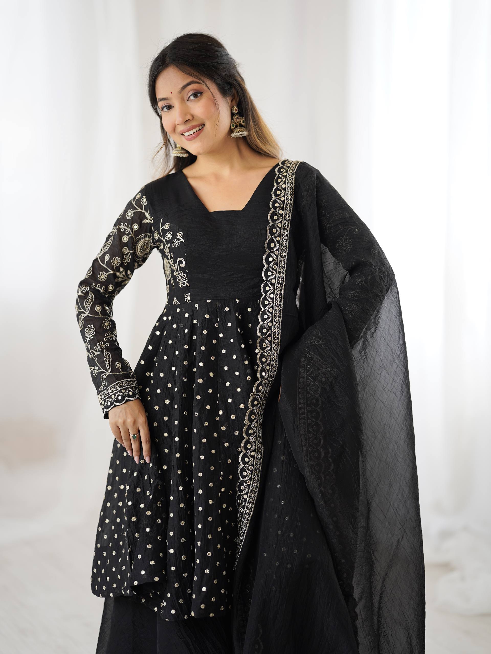 Prazu Fashion Black Crunchy Silk Embroidered Designer Sharara Suit