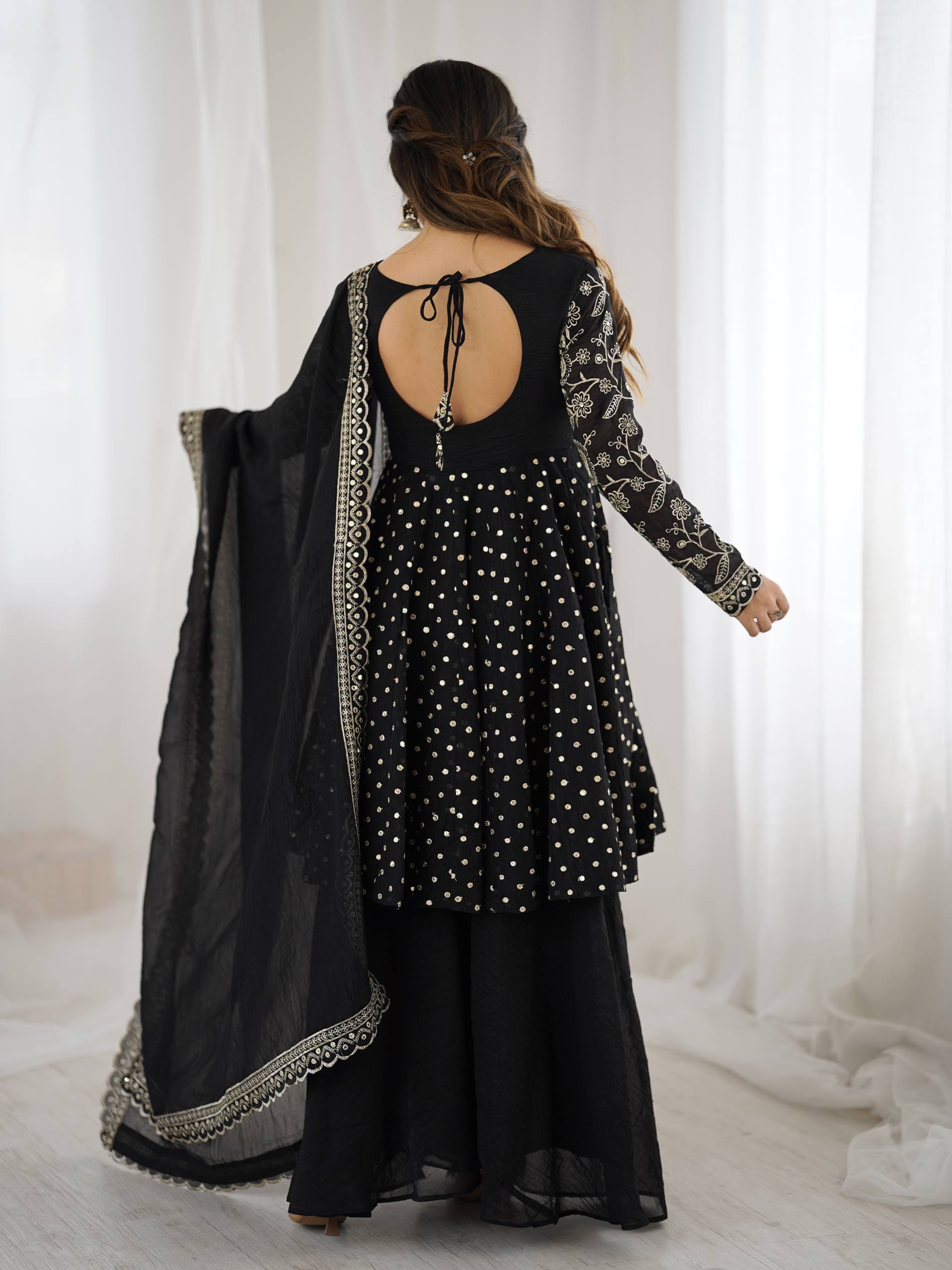Prazu Fashion Black Crunchy Silk Embroidered Designer Sharara Suit