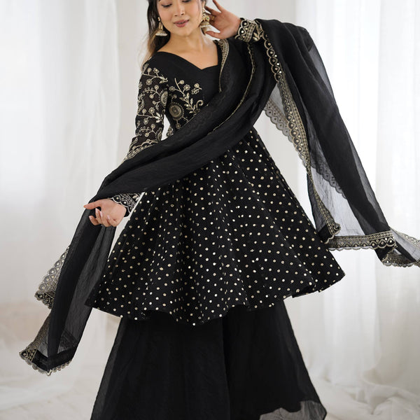 Prazu Fashion Black Crunchy Silk Embroidered Designer Sharara Suit