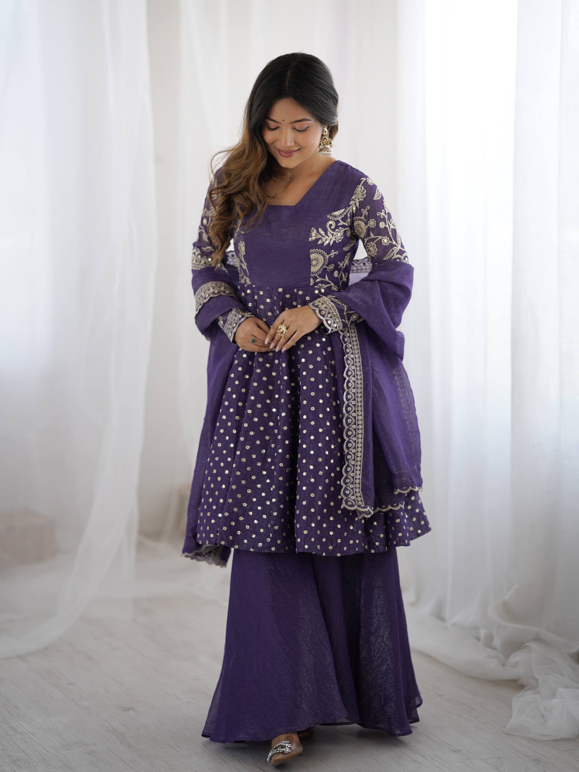 Prazu Fashion Violet Blue Crunchy Silk Embroidered Designer Sharara Suit