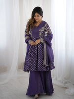 Thumbnail for Prazu Fashion Violet Blue Crunchy Silk Embroidered Designer Sharara Suit