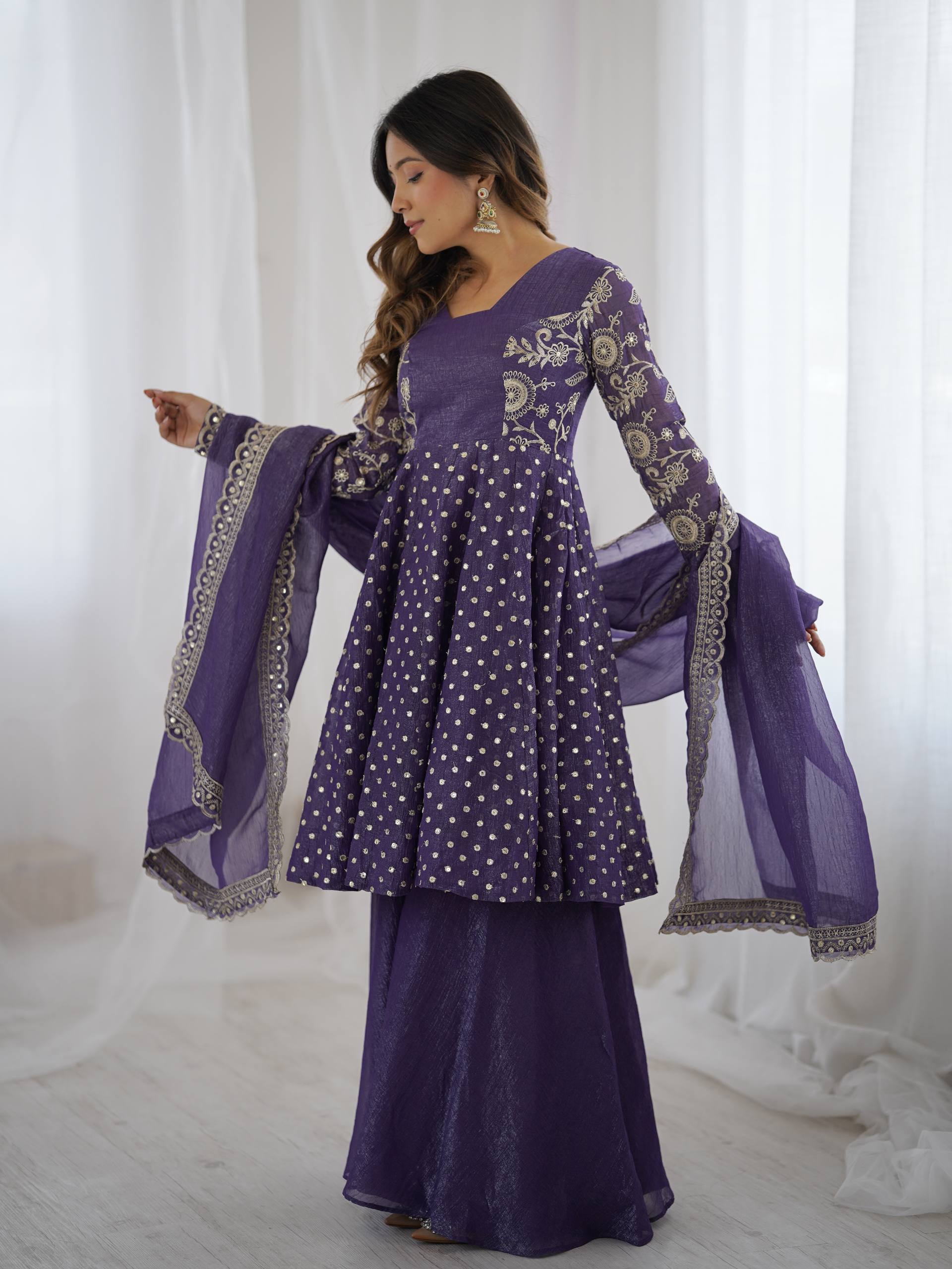 Prazu Fashion Violet Blue Crunchy Silk Embroidered Designer Sharara Suit