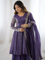 Thumbnail for Prazu Fashion Violet Blue Crunchy Silk Embroidered Designer Sharara Suit