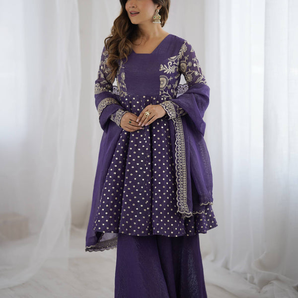 Prazu Fashion Violet Blue Crunchy Silk Embroidered Designer Sharara Suit
