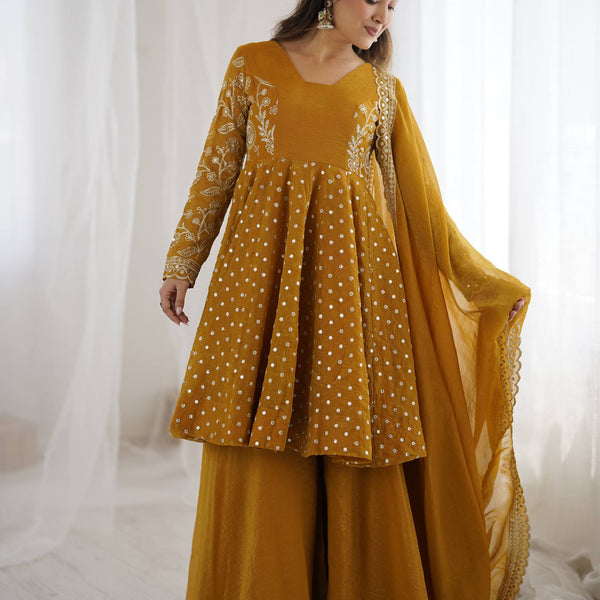 Prazu Fashion Yellow Crunchy Silk Embroidered Designer Sharara Suit