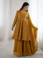 Thumbnail for Prazu Fashion Yellow Crunchy Silk Embroidered Designer Sharara Suit