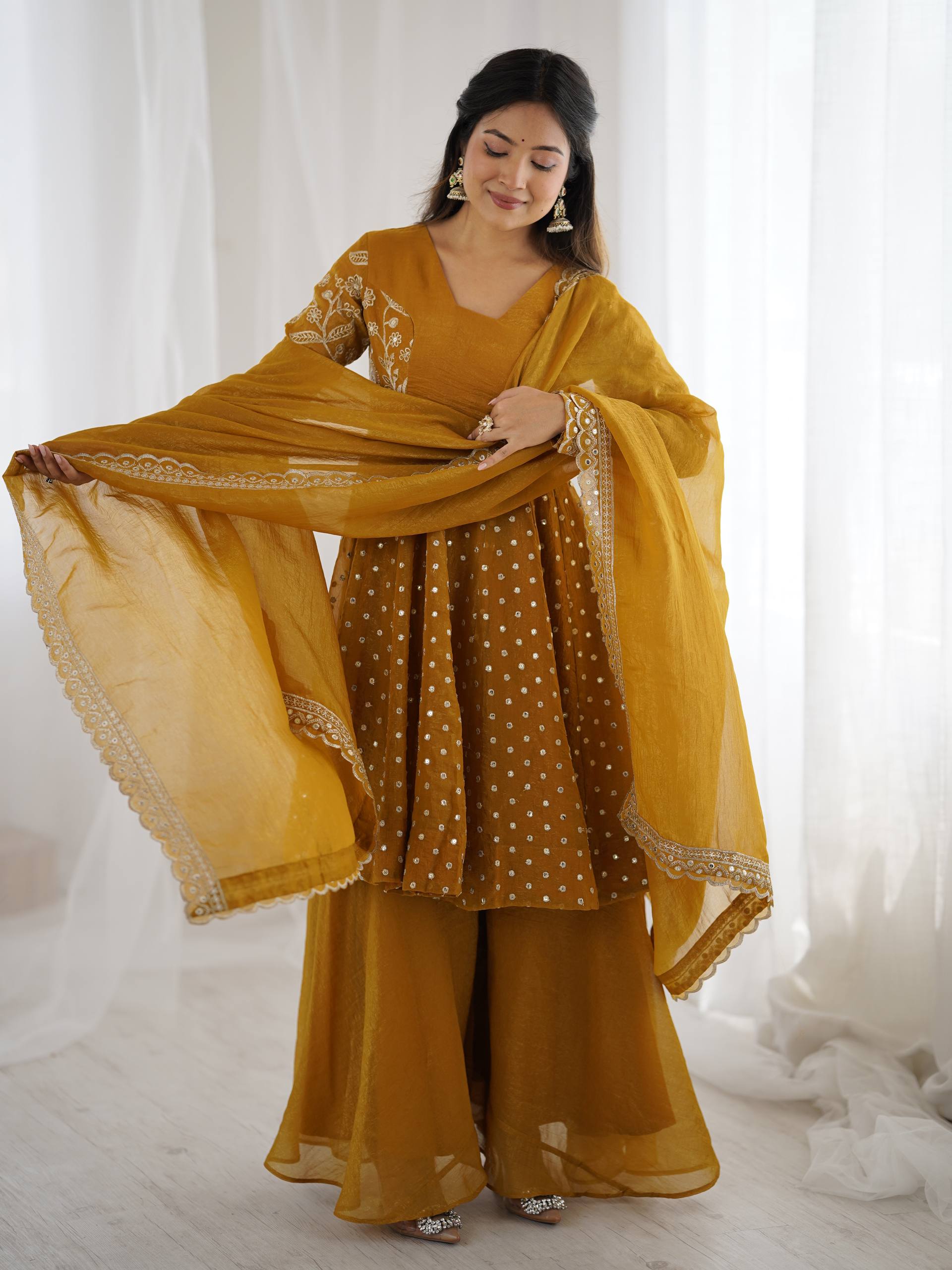 Prazu Fashion Yellow Crunchy Silk Embroidered Designer Sharara Suit