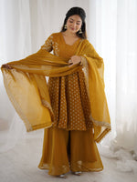 Thumbnail for Prazu Fashion Yellow Crunchy Silk Embroidered Designer Sharara Suit