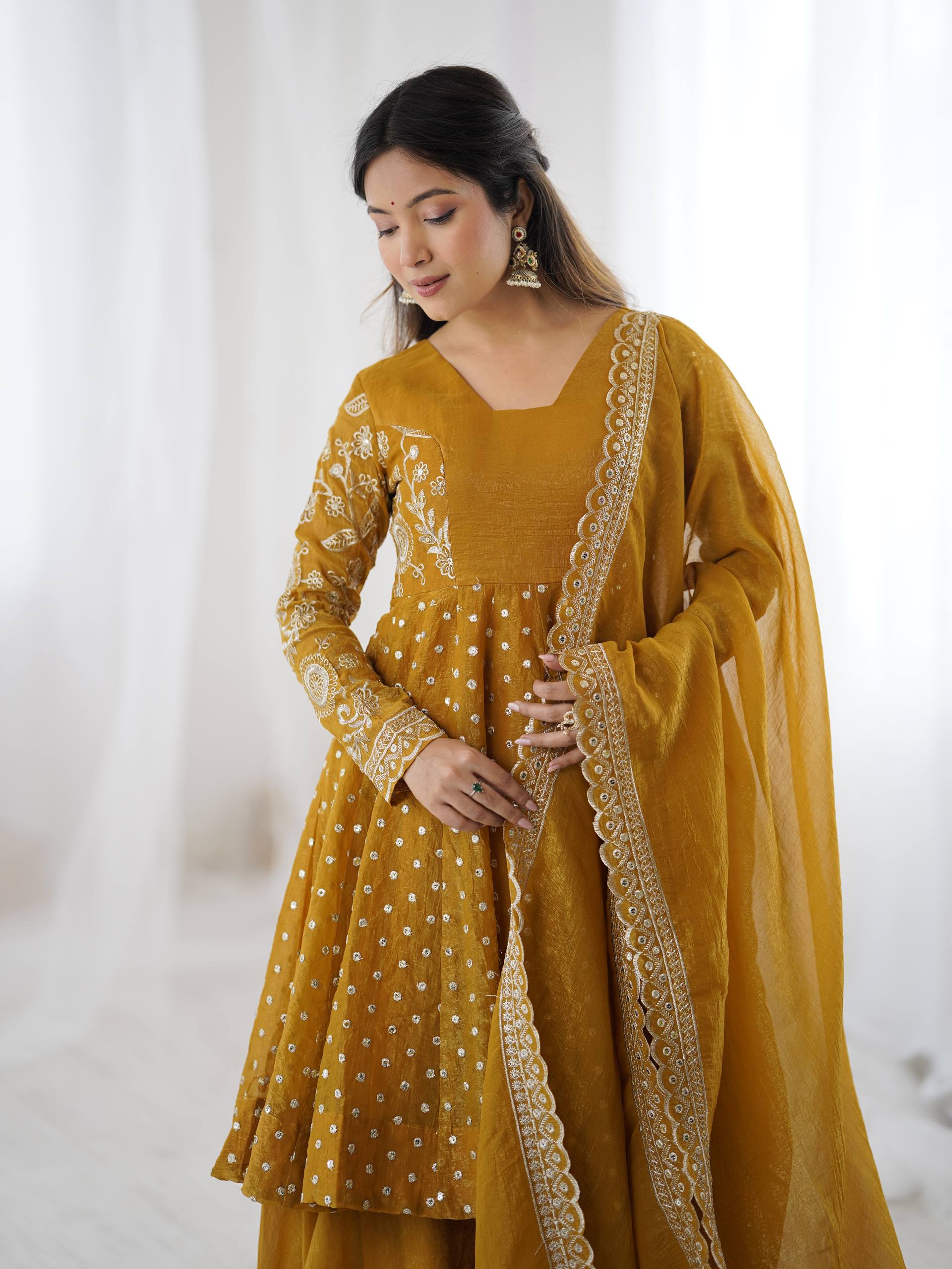 Prazu Fashion Yellow Crunchy Silk Embroidered Designer Sharara Suit