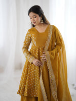 Thumbnail for Prazu Fashion Yellow Crunchy Silk Embroidered Designer Sharara Suit