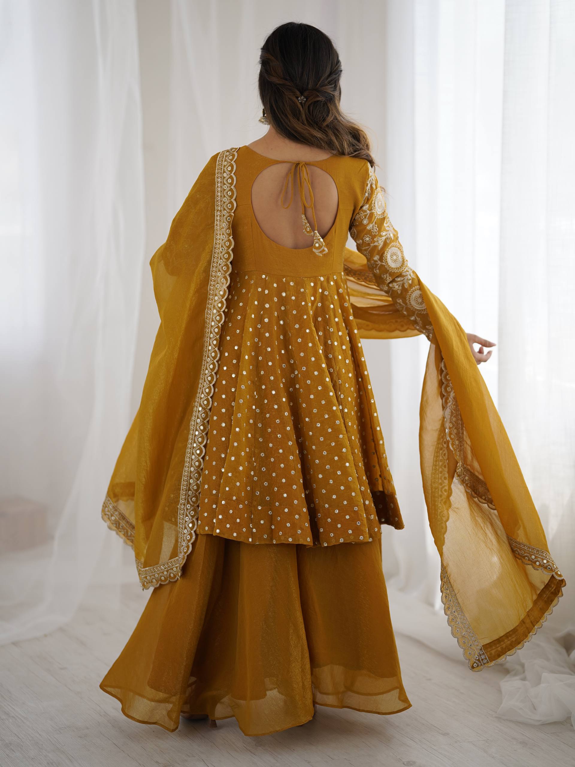 Prazu Fashion Yellow Crunchy Silk Embroidered Designer Sharara Suit