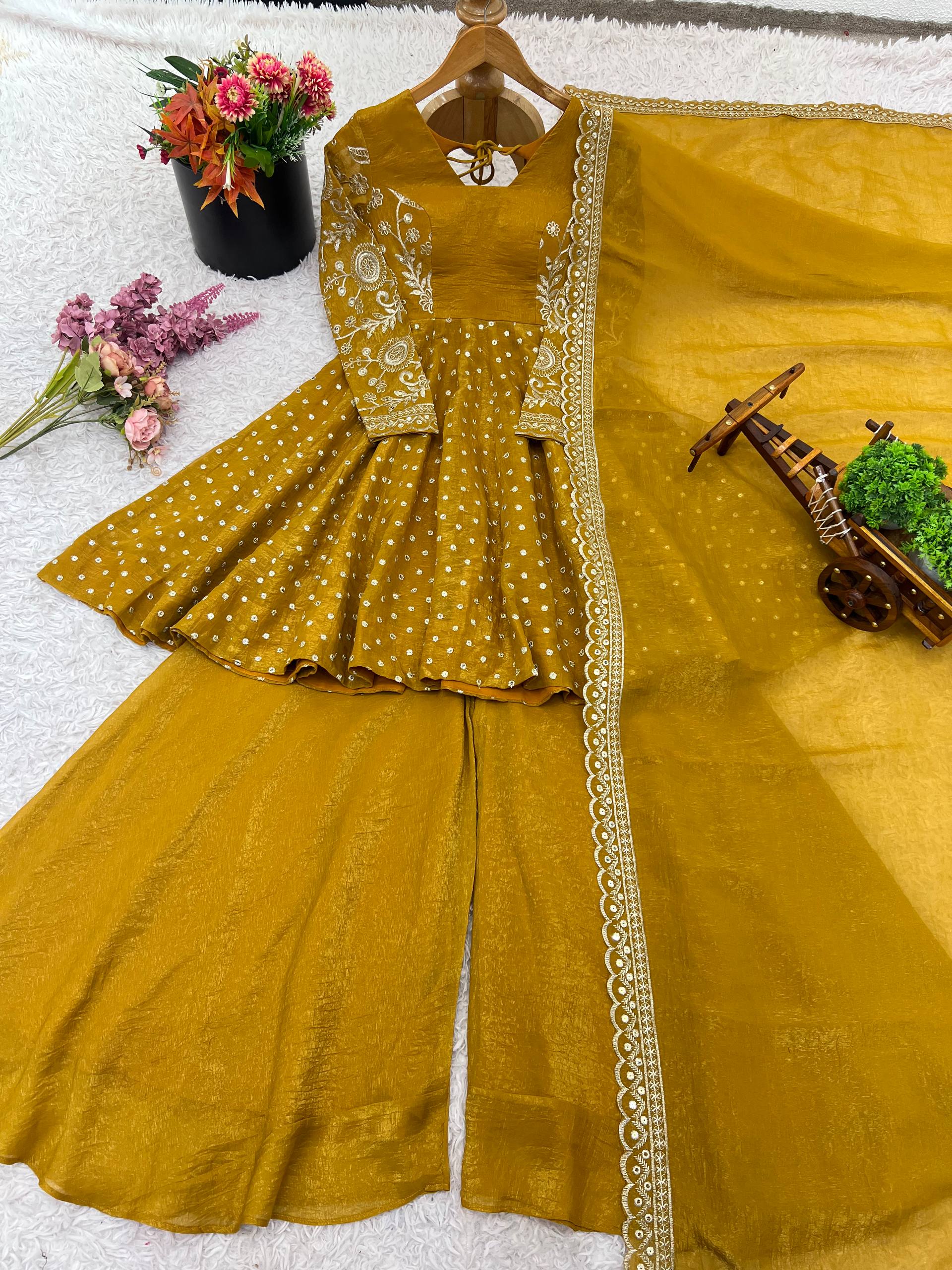 Prazu Fashion Yellow Crunchy Silk Embroidered Designer Sharara Suit
