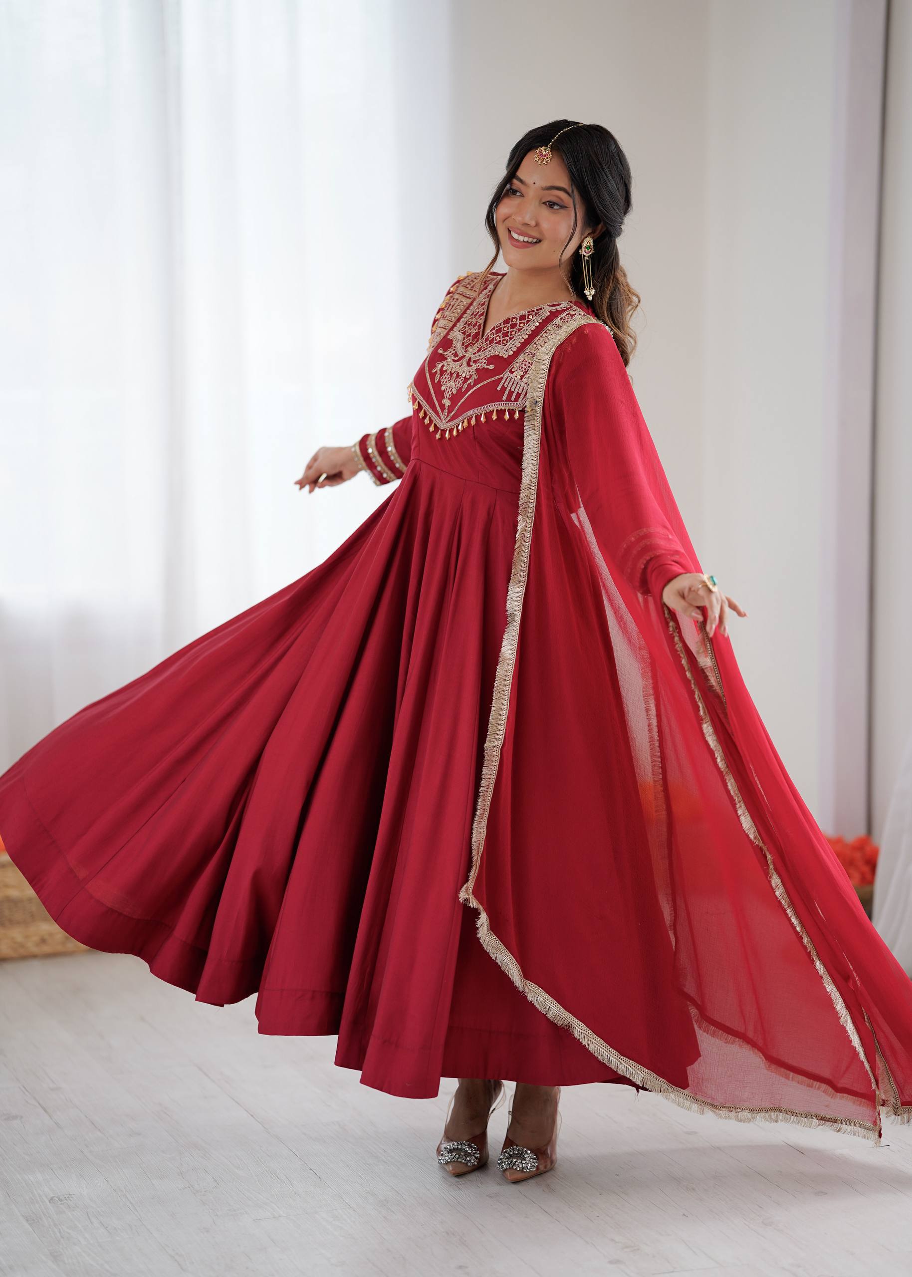 Prazu Fashion Red Roman Silk Coding Work Anarkali Suit