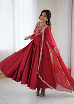 Thumbnail for Prazu Fashion Red Roman Silk Coding Work Anarkali Suit