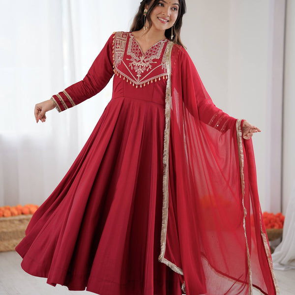 Prazu Fashion Red Roman Silk Coding Work Anarkali Suit