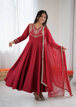 Thumbnail for Prazu Fashion Red Roman Silk Coding Work Anarkali Suit