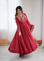 Thumbnail for Prazu Fashion Red Roman Silk Coding Work Anarkali Suit