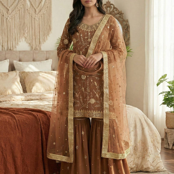 Prazu Fashion Light Brown Georgette Zarkan Diamond Work Palazzo Suit