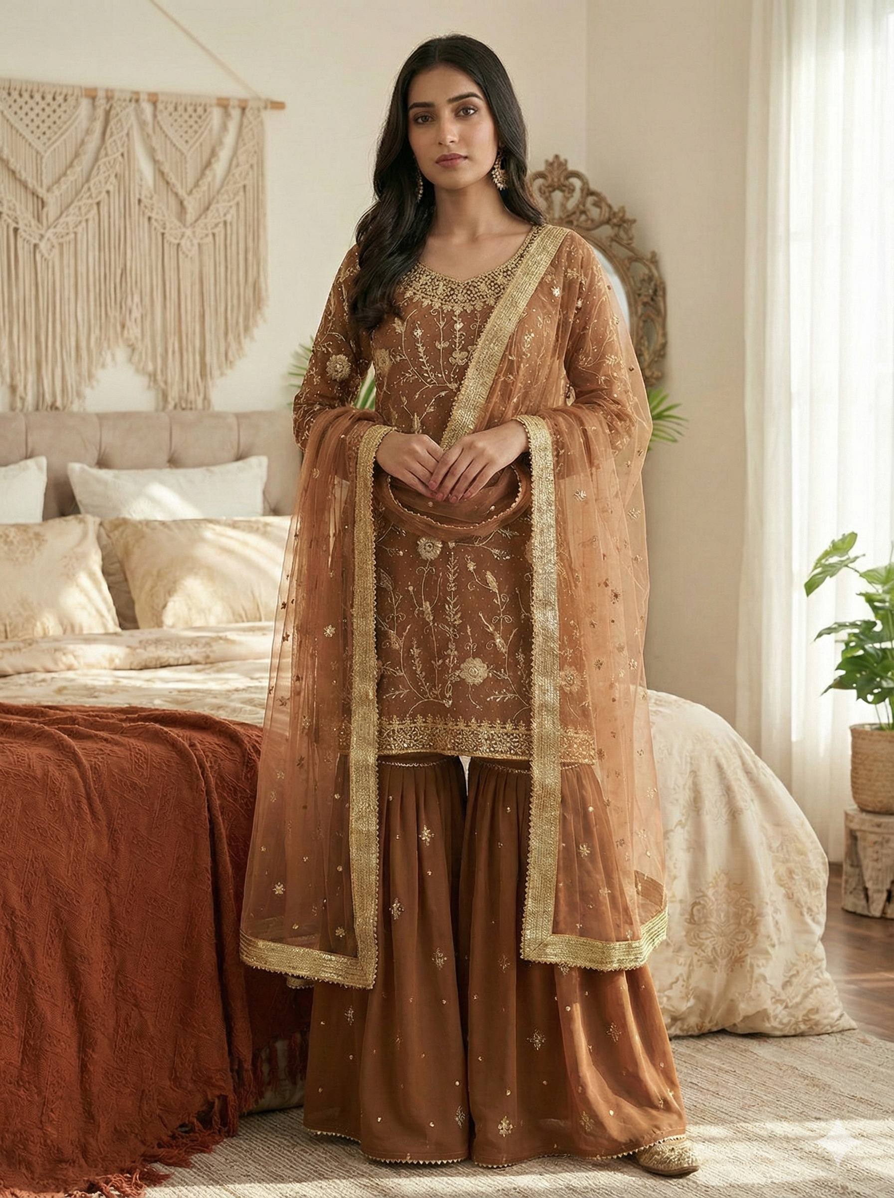 Prazu Fashion Light Brown Georgette Zarkan Diamond Work Palazzo Suit