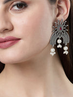 Thumbnail for NVR Women's Floral Silver-Plated Artificial Stones and Beads Drop Earrings - Distacart
