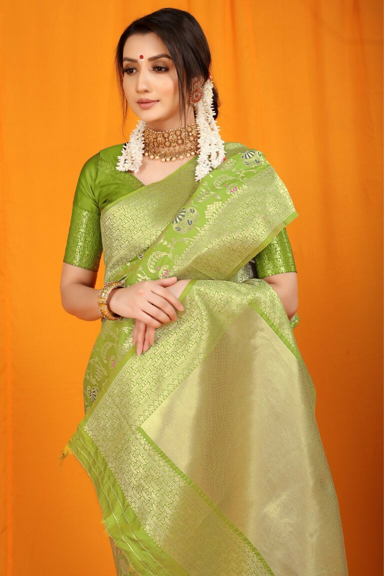 Jyoti Fashion Women's Green Kanjivaram Silk Zari Woven Saree with Blouse - Distacart