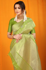 Thumbnail for Jyoti Fashion Women's Green Kanjivaram Silk Zari Woven Saree with Blouse - Distacart