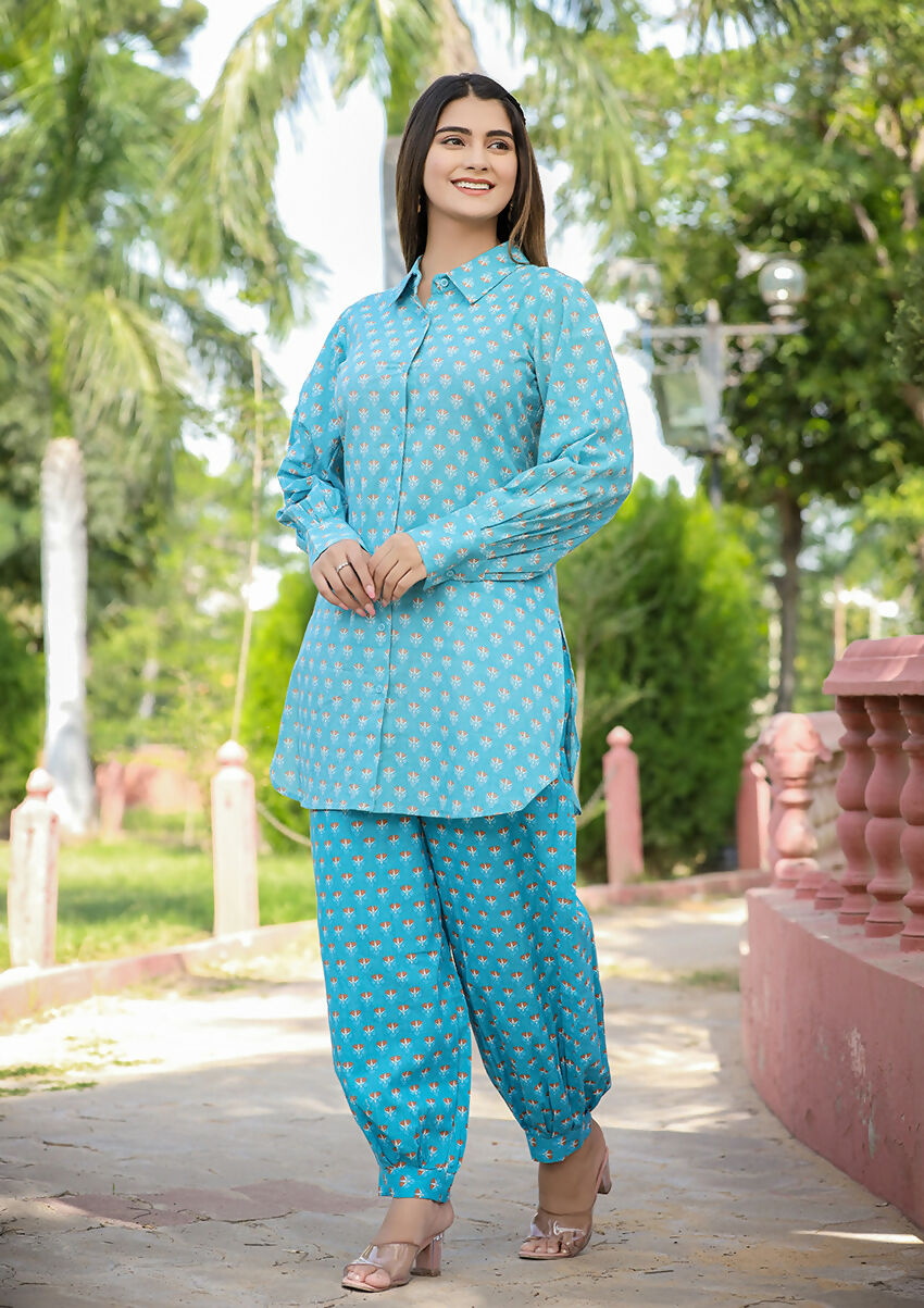 Kaajh Women's Sky Blue Printed Cotton Kurta Pant Set - Distacart