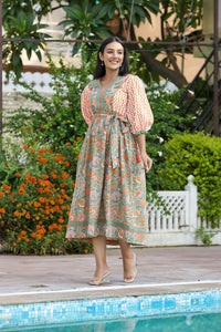 Thumbnail for Kaajh Women's Orange Hand Block Printed Dress - Distacart