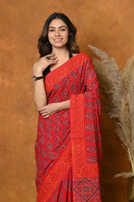 Thumbnail for Very Much Indian Handblock Printed Cotton Saree With Natural Dyes - Red - Distacart
