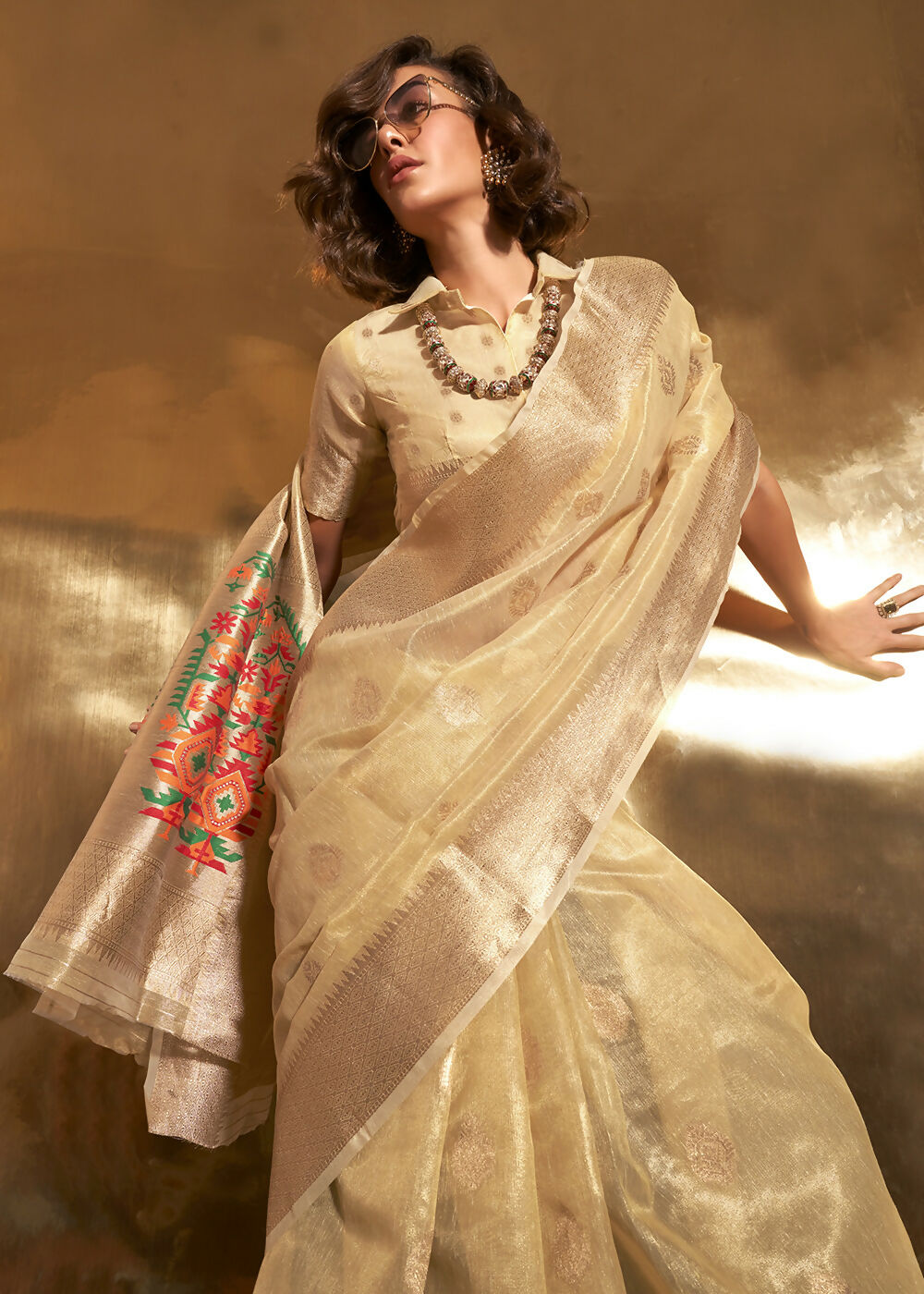 Golden Handwoven Tissue Fabric Festive & Party Style Saree - Emponline - Distacart