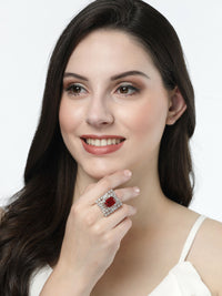 Thumbnail for NVR Women's Red & Silver CZ-Studded Square-Shaped Adjustable Finger Ring - Distacart