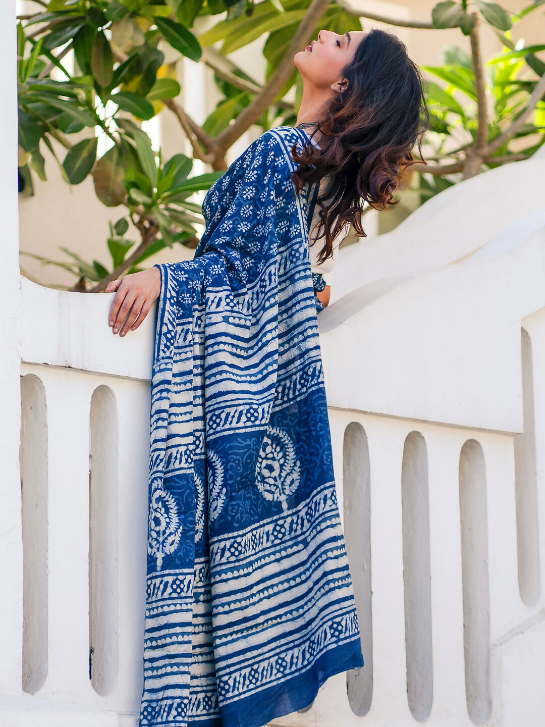 Zibaa Hand-Blocked Pure Mul Cotton Indigo Saree