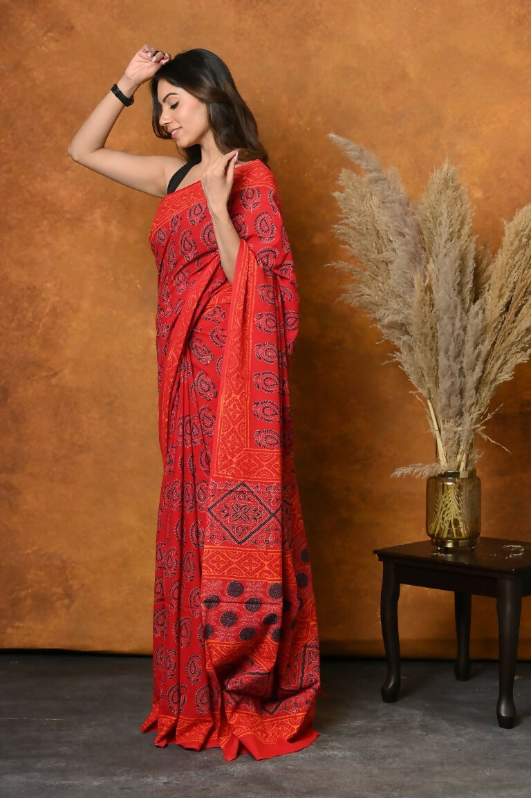 Very Much Indian Handblock Printed Cotton Saree With Natural Dyes - Red - Distacart