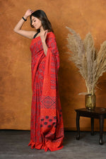 Thumbnail for Very Much Indian Handblock Printed Cotton Saree With Natural Dyes - Red - Distacart