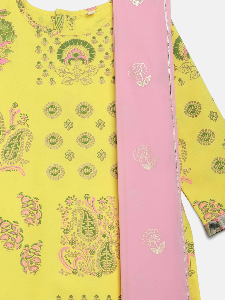 Ahalyaa Yellow Viscose Rayon Straight Kids Kurta Pants With Dupatta For Girls - Distacart