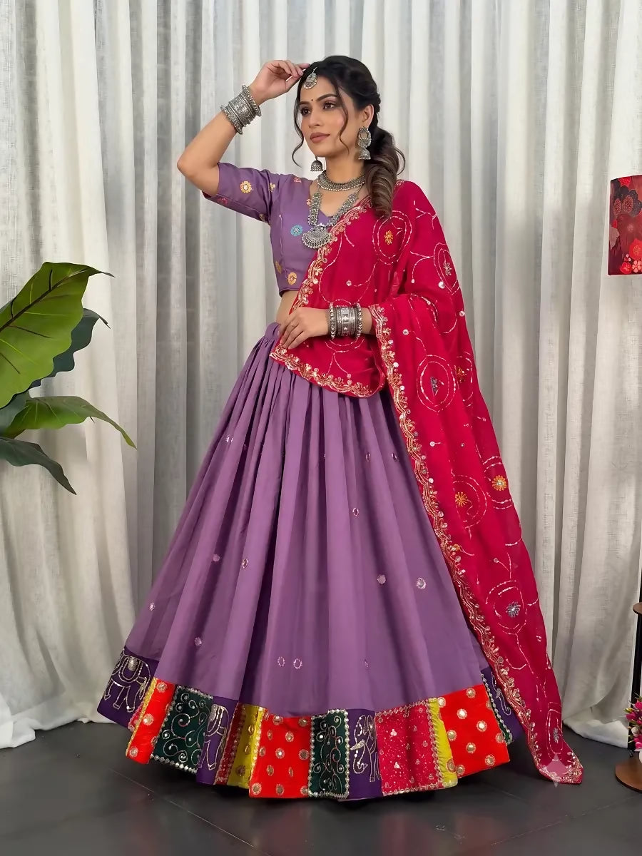 Teeya Creation Women's Traditional Navratri Special Lavender Lehenga Choli Set with Patchwork Border