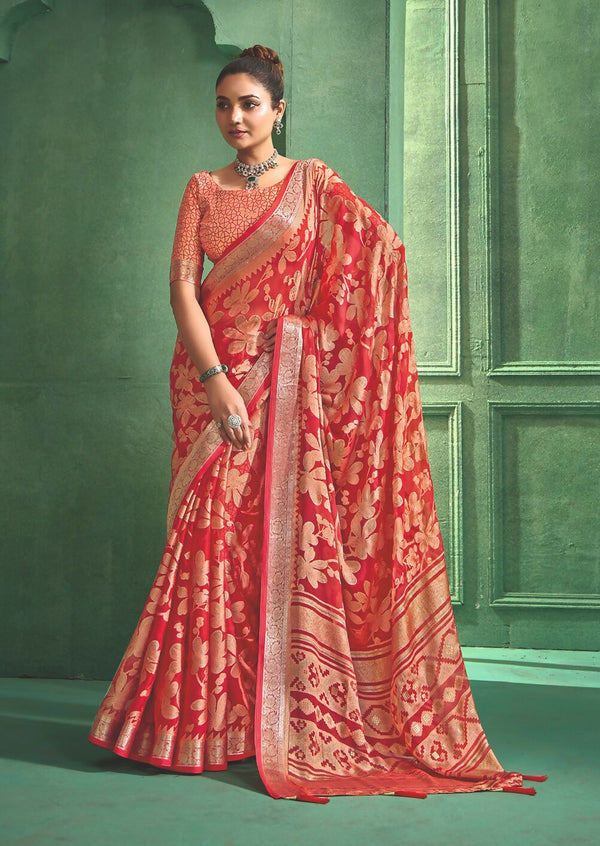 Joban Fashion Redbull Moss Brasso With Kasab Zari Border Saree & Tassels With Brasso Blouse