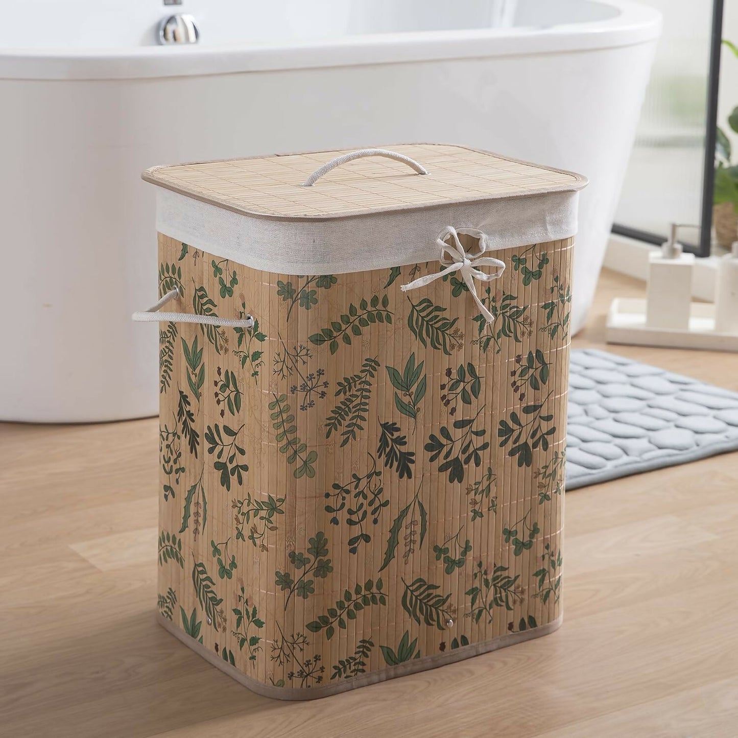 HOKIPO Eco-Friendly Foldable Bamboo Laundry Basket Hamper with Lid - Ficus Leaves - Dista