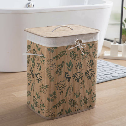 HOKIPO Eco-Friendly Foldable Bamboo Laundry Basket Hamper with Lid - Ficus Leaves - Dista